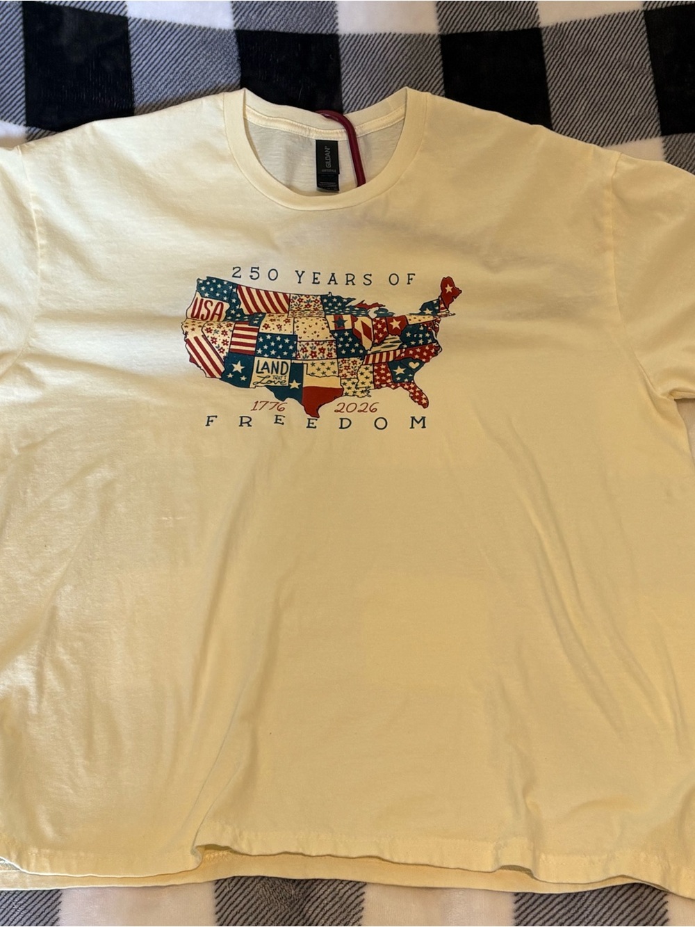 Gildan Cream Short Sleeve Tee with Red, Blue and Gold USA Map Graphic
